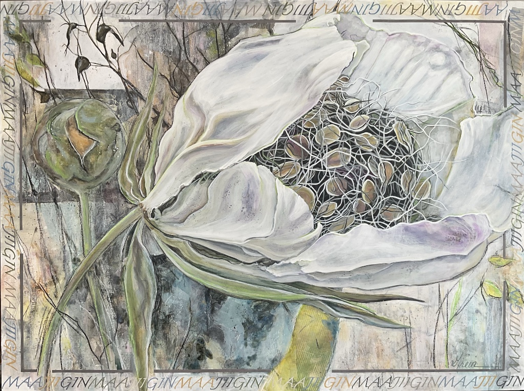 A mixed media painting combining botanical elements by Acclaimed Métis Nature Artist Tracey Lee Green