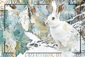 A giclee print of a Snowshoe Hare embraced with Anishinaabemowin by Acclaimed Métis Nature Artist Tracey Lee Green.