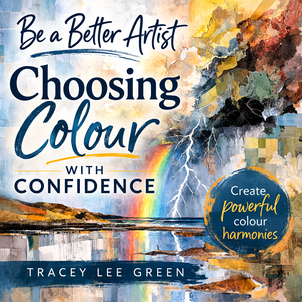 A mixed media painting of an active Thunderstorm complete with a colourful rainbow, used to describe a Be a better Artist Tutorial from Tracey Lee Green on Choosing Colour.