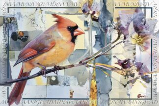 A mixed media painting of a Northern Cardinal bird by acclaimed Métis Nature Artist Tracey Lee Green.