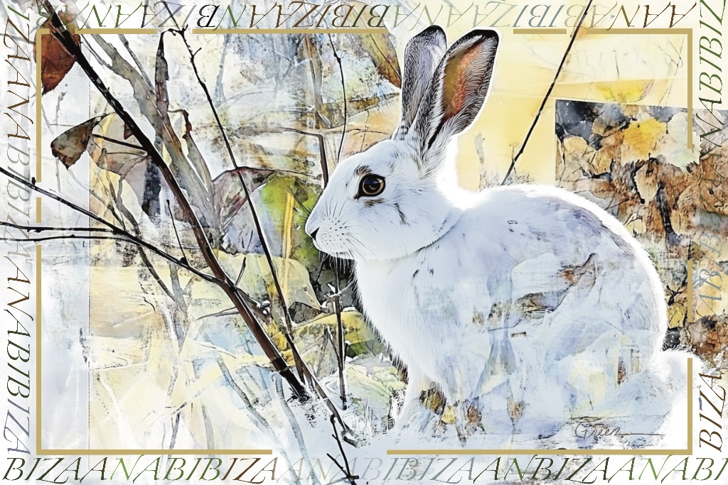 A painting of a snowshoe hair sitting in sunlight. Another stunning piece by acclaimed Métis Nature artist Tracy Lee Green.