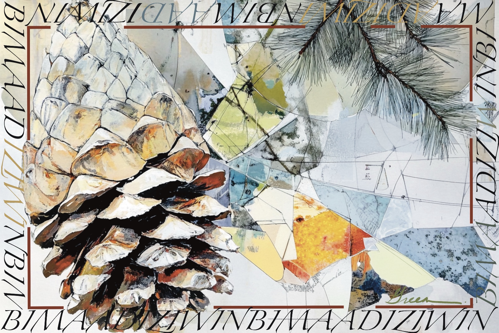 A striking mixed media painting of a large Pine cone and pine bough created by Acclaimed Canadian Métis Nature Artist Tracey Lee Green.