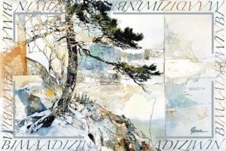 A mixed media painting of a crooked pine tree by Acclaimed Métis Nature Artist Tracey Lee Green.