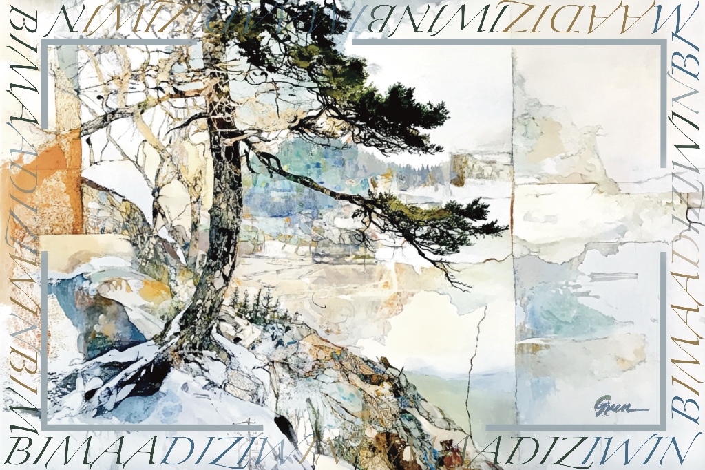 A mixed media painting of a crooked pine tree by Acclaimed Métis Nature Artist Tracey Lee Green.