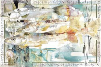 A abstracted mixed media painting of a school of fish by Acclaimed Métis Nature Artist Tracey Lee Green.