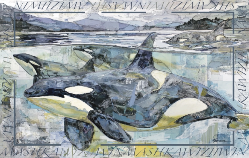 A mixed media painting of Orca whales by acclaimed Métis Nature Artist Tracey Lee Green