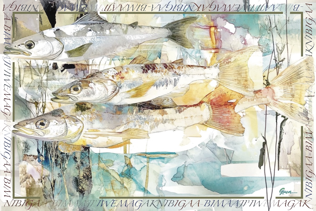 A abstracted mixed media painting of a school of fish by Acclaimed Métis Nature Artist Tracey Lee Green.