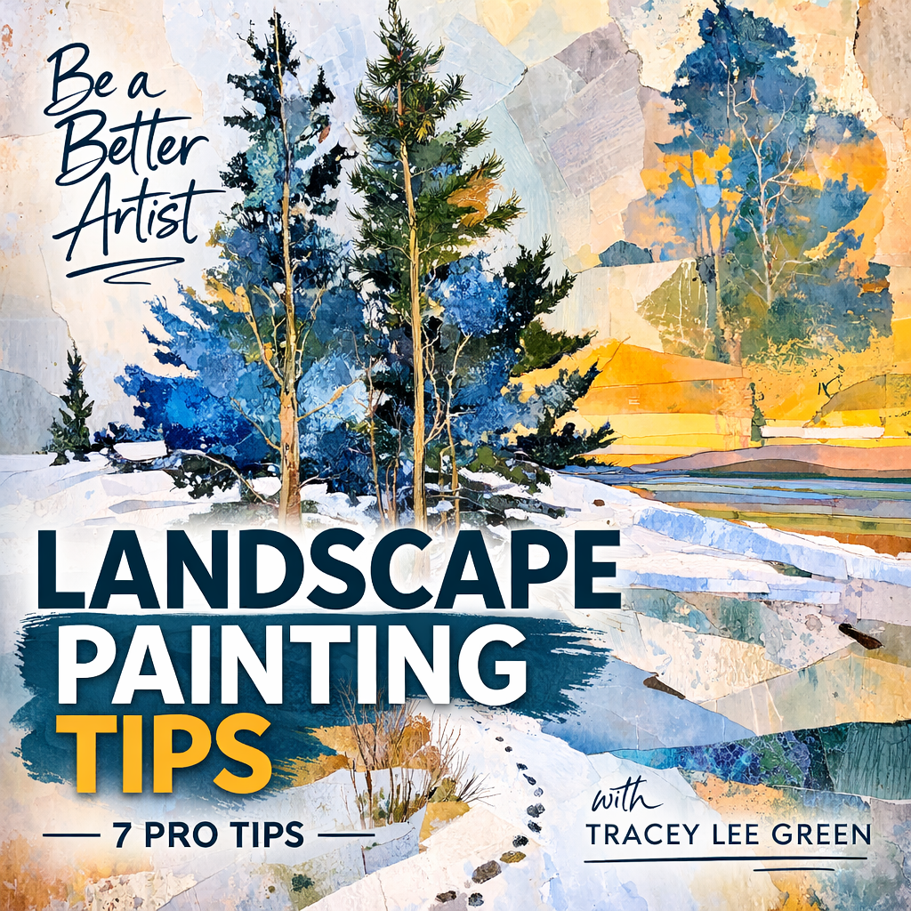 A mixed media landscape mixed media painting created by Acclaimed Métis Nature Artist Tracey Lee Green referring to her Landscape Tips Tutorial in her Be a Better Artist Series.
