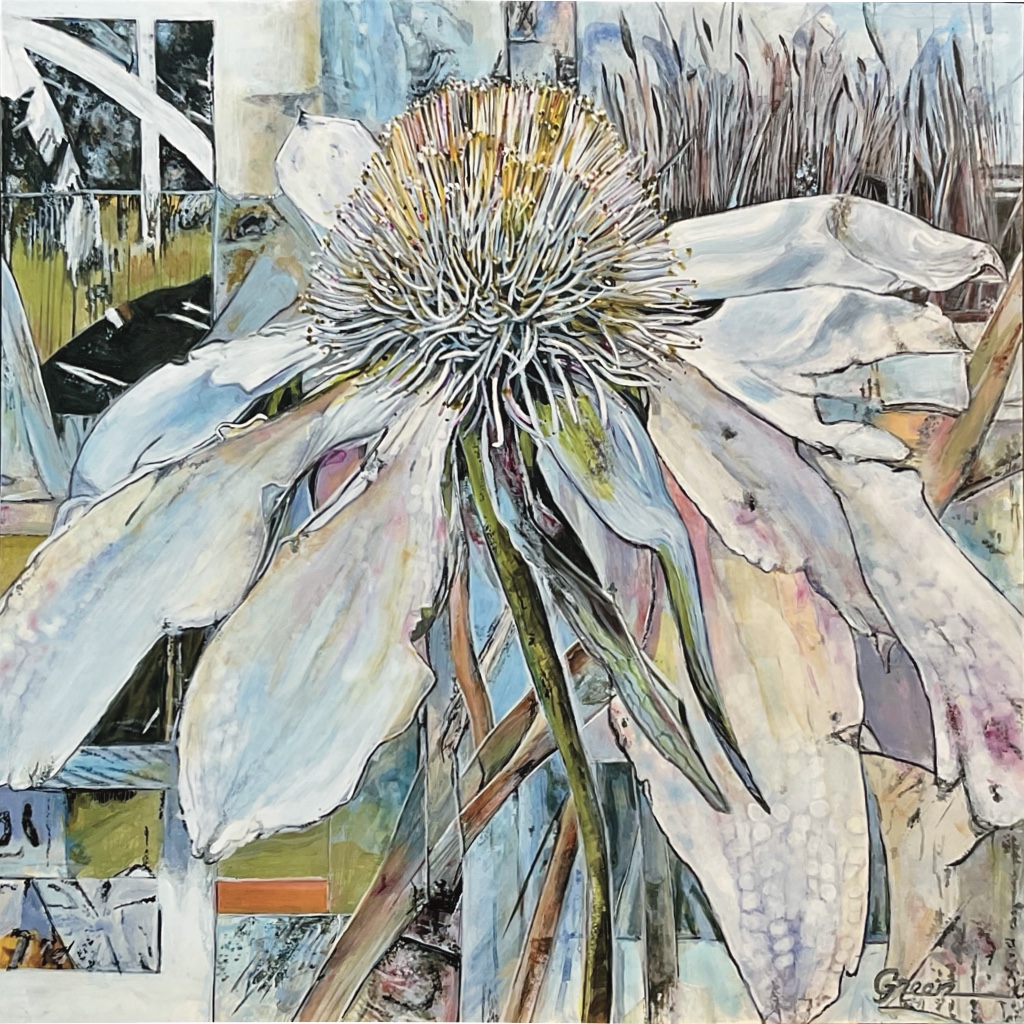 An abstract floral mixed media painting by Acclaimed Métis Nature Artist Tracey Lee Green.