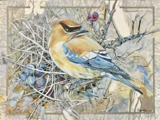 A mixed media painting of a Cedar Waxwing in a bare winter scene. Created by acclaimed Métis Nature Artist Tracey Lee Green.