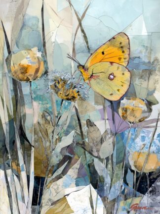 A mixed media painting of a Sulpher winged Butterfly by acclaimed Métis Artist Tracey Lee Green.