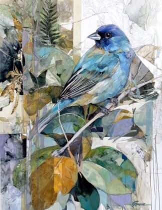 A mixed media painting of an Indigo Bunting by Acclaimed Métis Nature Artist Tracey Lee Green.