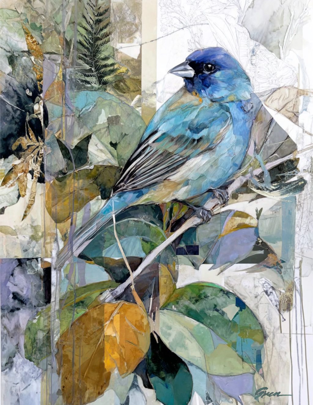 A mixed media painting of an Indigo Bunting by Acclaimed Métis Nature Artist Tracey Lee Green.
