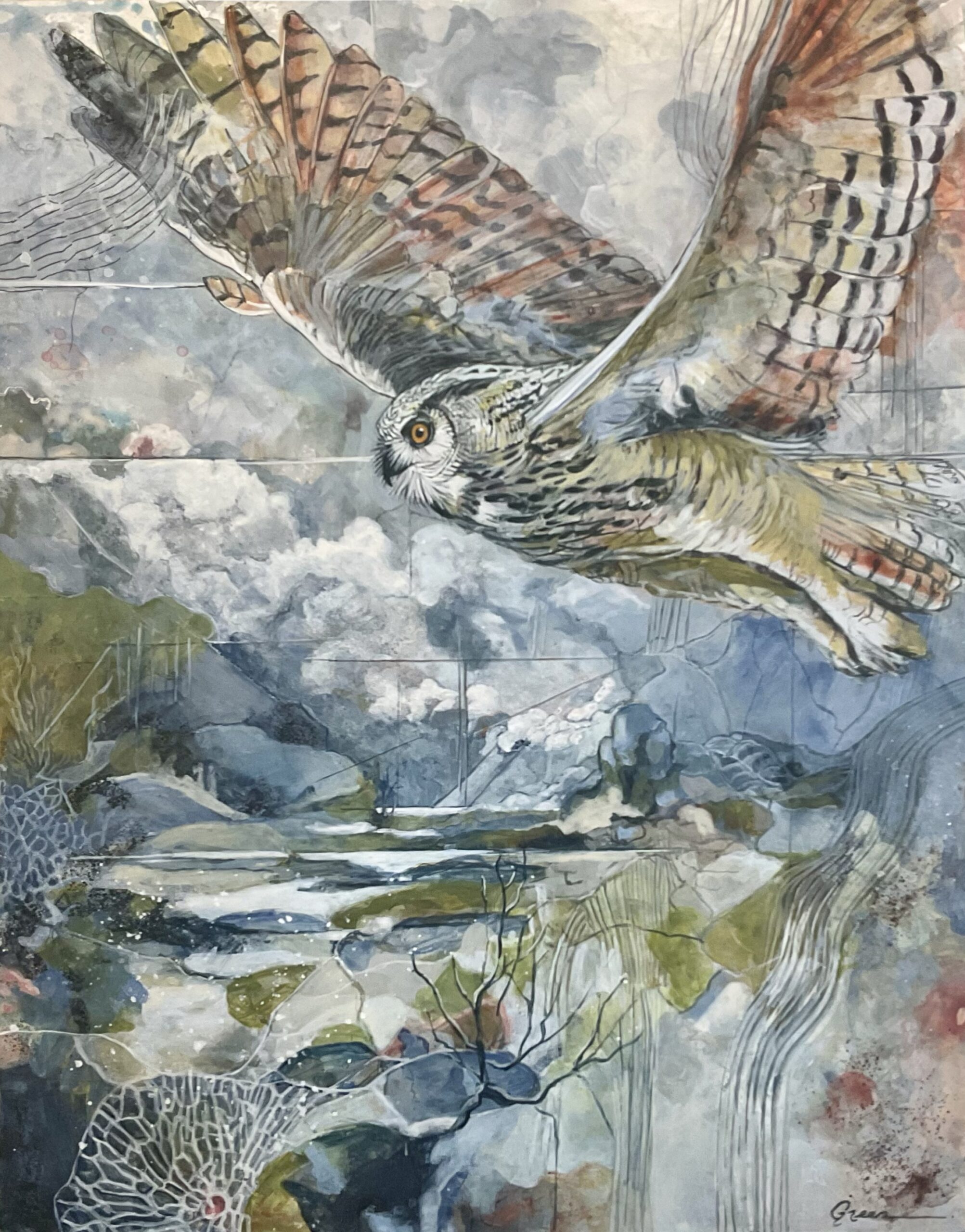 A mixed media painting of a long eared owl in flight by acclaimed Métis Nature Artist Tracey Lee Green.