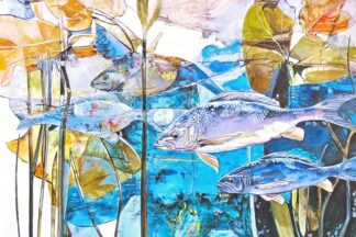 A mixed media painting of a school of fish by Acclaimed Métis Nature Artist Tracey Lee Green.