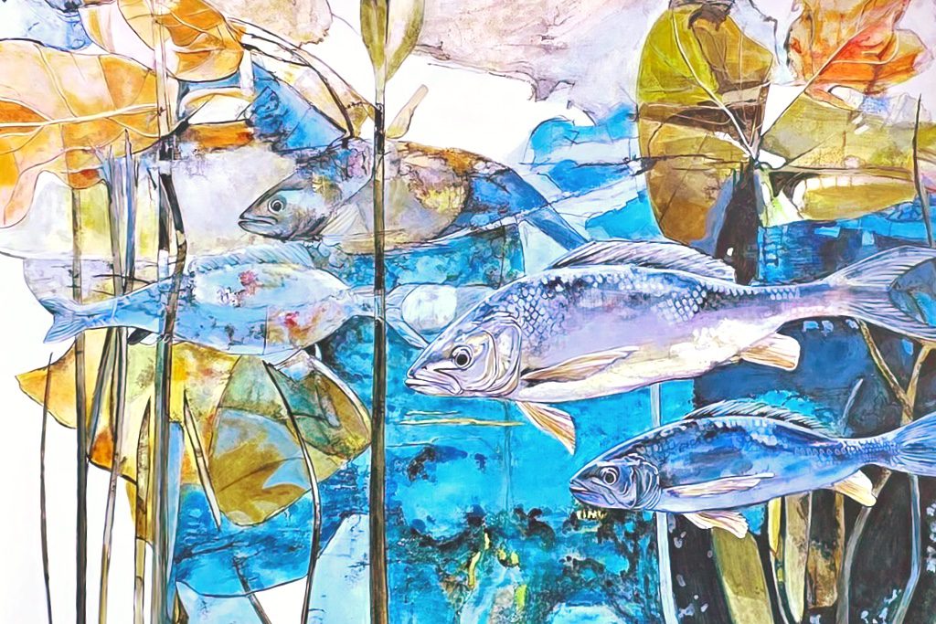 A mixed media painting of a school of fish by Acclaimed Métis Nature Artist Tracey Lee Green.